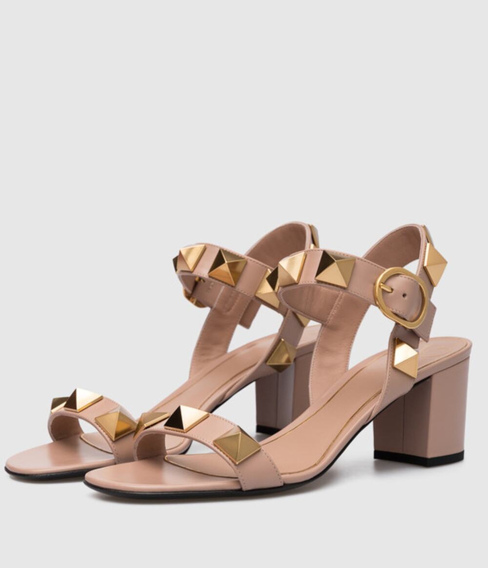 Valentino Garavani Womens Sandals 36.5 Roman Stud Nude Calfskin Block Heel